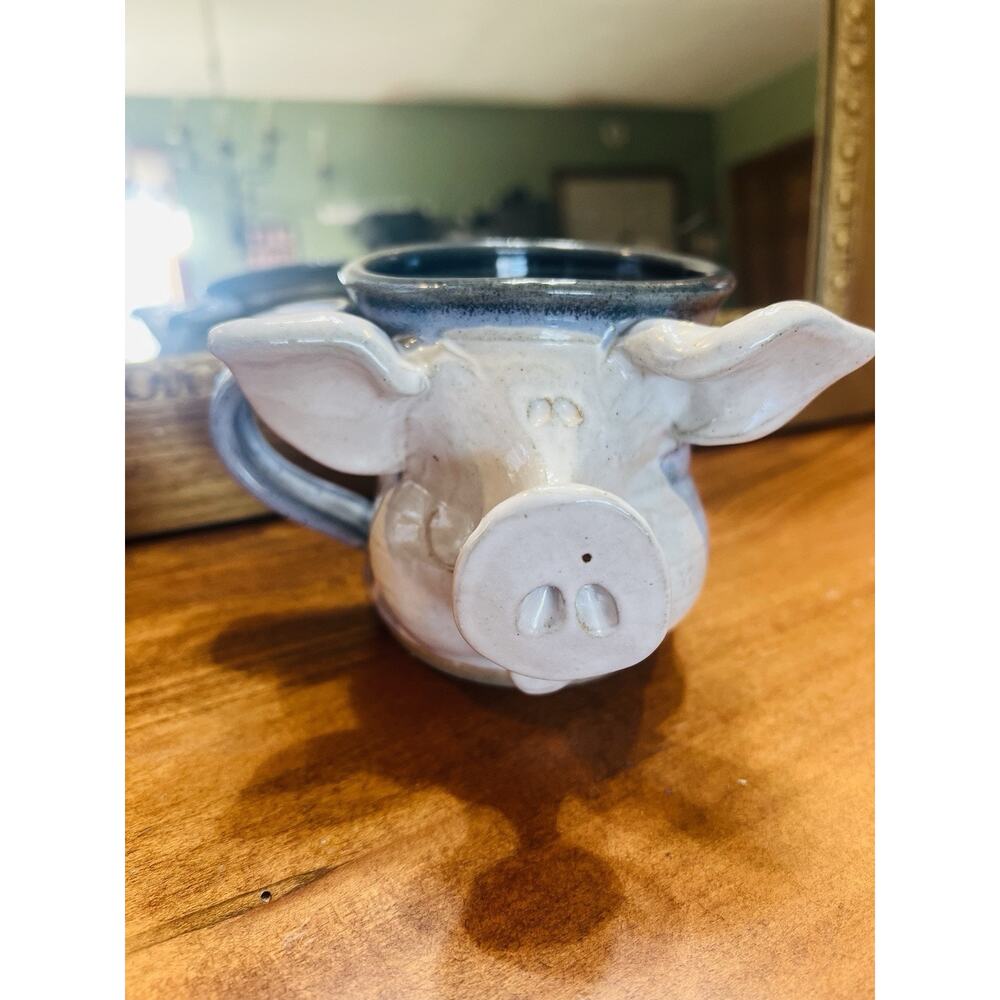 Art Pottery Mug with Pig Face Snout & Ears Blue Cream Handmade Stoneware 4"